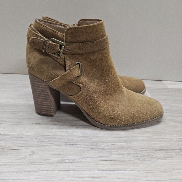 Franco Sarto Womens Brown Suede Chunky Boots Size 8 Booties Buckles Heel - Picture 2 of 10